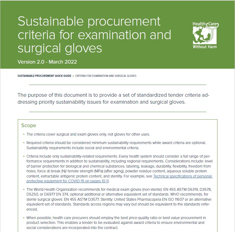Sustainable procurement criteria for examination and surgical gloves